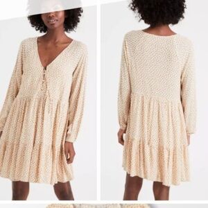 AE Boho Tiered Yellow Cottagecore Floral Long-Sleeve Mini Dress S Xs